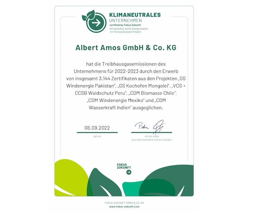 Urkunde Albert Amos GmbH & Co. KG Klimaneutrales Unternehmen